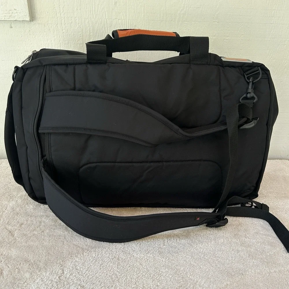 Vintage Jansport Duffle Luggage Black W/ Leather Handle Patches Removable Strap